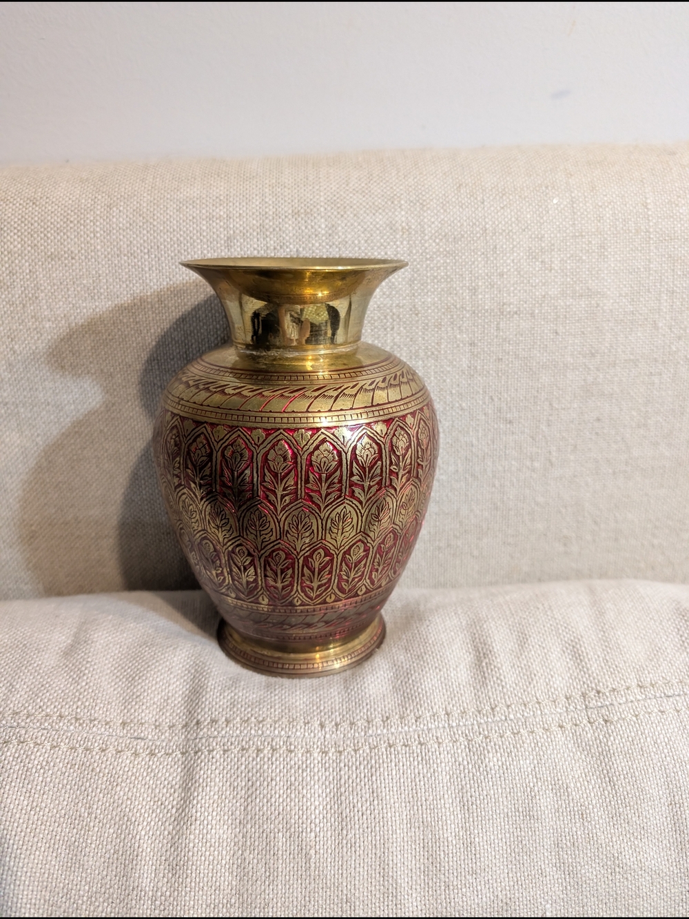 Brass Decorative Vase with Red Patina Accent Vintage Indian Home Accents